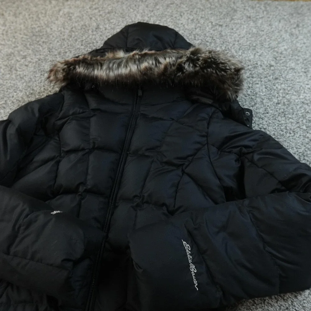 Eddie Bauer Jacket Womens XS Black EB650 Down Puffer Long Parka Trench Coat Hike
